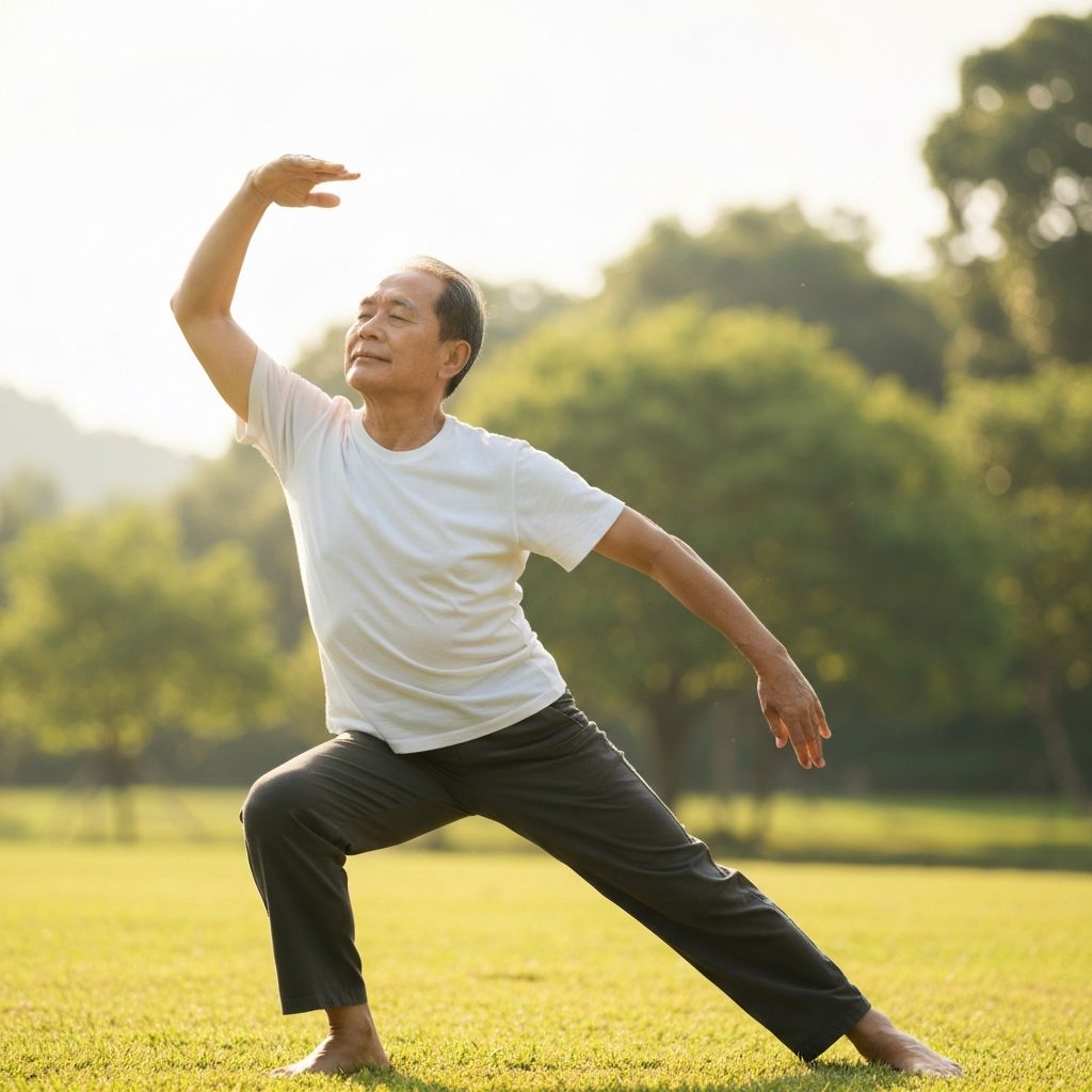 Person engaged in gentle stretching in natural outdoor setting